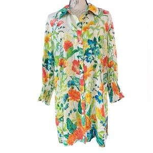 John Mark PRINT TUNIC WITH SHIRRED CUFF SLEEVES - FLORAL MULTI sz Large New